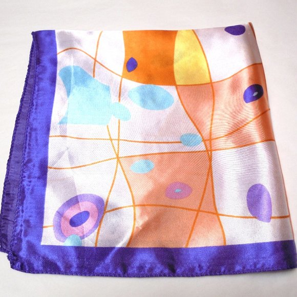 Vintage Scarf 19" Square Satin purple orange abstract print neckerchief retro - Picture 5 of 6